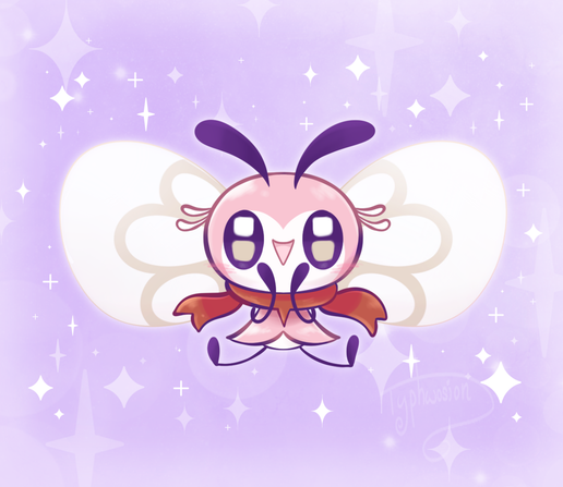 Art of a shiny Ribombee in a cute, happy pose. Background is a pastel purple and covered in sparkles.