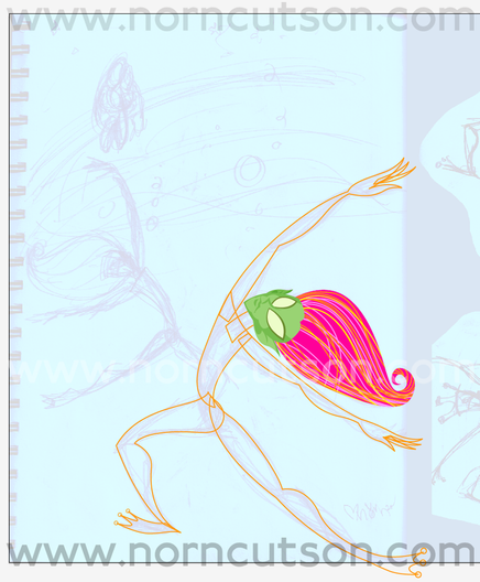 Work in progress.

I've added the outline of the main figure. She is in a dramatic pose, head thrown back. I was thinking of Isadora Duncan and Matisse.

It's overlaid over a dimmed sketch layer, using the sketch as a guide.

My signature is in the lower right.

TEXT: www.NornCutson.com