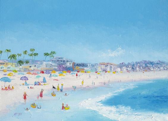 An impressionist seascape oil painting of Pacific Beach in San Diego featuring palm trees, houses, beach umbrellas and crowds of people relaxing, strolling and swimming.