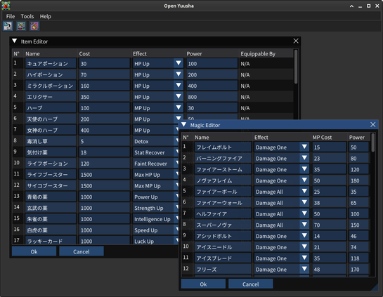 Open Yuusha interface showing Magic and Item editors