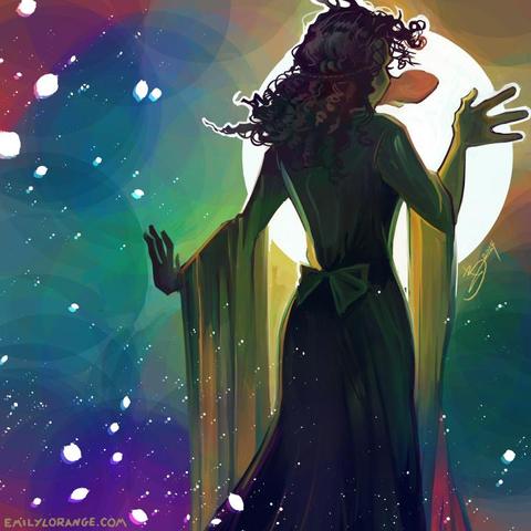 a digital painting of an anthropomorphic duck. she is standing with her back towards the viewer, and facing to the right. she is painted from about the knees up, and is mostly seen in silhouette, a bright white disk behind her upper half. the colors around her are a deep rainbow, and there are specks like stars passing through. she is wearing a flowing dress that may be a green color, that glows yellow in the light. her hair is curly and tied loosely.