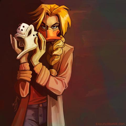 a digital painting of an anthropomorphic duck. she is painted from about the waist up, against a solid dark background. she is wearing a long coat that flows down out of frame. she is looking mischievously at the viewer and holding what appears to be a hockey mask. she is lit brightly from the right, leaving the lest side of her to disappear in shadow.