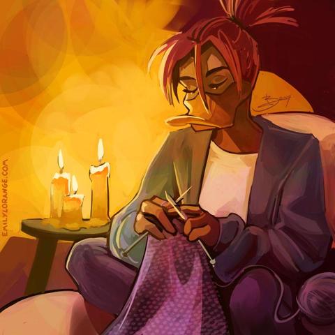 a digital painting of an anthropomorphic duck. she is painted from about the knees up, seated on something like a large futon cushion cross legged. she is leaning over some knitting work in her hands, the ball of yarn visible in the corner. to the left of her is a bright trio of lit candles, that light the side of her face as she works.