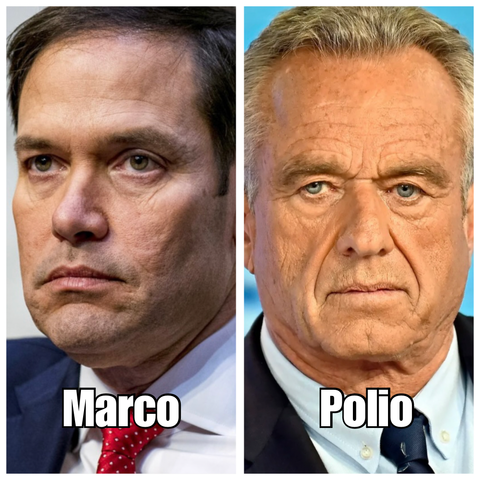 2 panels:

Panel 1: photo of Marco Rubio’s face with the word “Marco” written on it

Panel 2: photo of RFK Jr.’s face with the word “Polio” written on it
