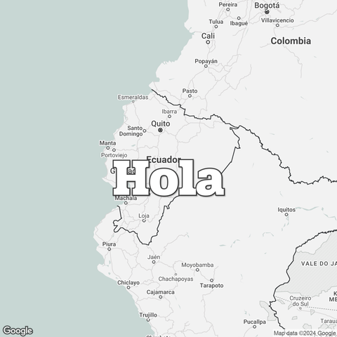 Map of Ecuador overlaid with a translation of the word "hello": Hola.