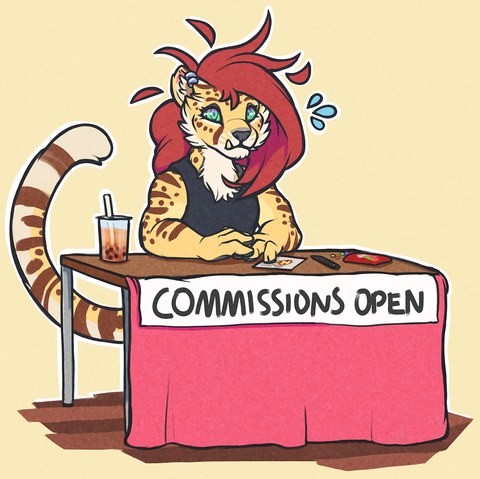 A cheetah character sitting at a table that has a sign that reads "COMMISSIONS OPEN". The table has bubble tea, candy and a crudely drawn pizza resting on it. The cheetah looks nervous.