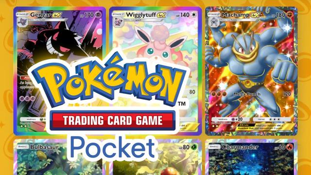 The "Pokémon Trading Card Game Pocket" logo overlaid on a collection of full-art Pokémon cards, including Wigglytuff ex and Machamp ex.