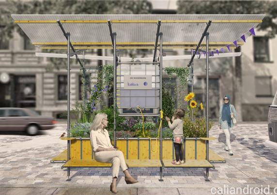 Stadtmöbel in Form von eckig angeordneten Parkbänken mit Schrägdach in der größe einer Parkfläche.
Das Regenwasser wird in einem transparenten Wassertank gesammelt und kann von den Menschen zum Gießen der in der Mitte wachsenden Pflanzen genutzt werden.