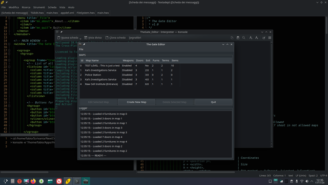 A screenshot of "The Gate" editor interface, still a work in progress, being developed under Linux.
It show the main gui splitted into an upper and lower areas.
The lower one is used to log all actions, while the upper one is used to list all the maps defined in the game.
For each map (in a row), some stats are displayed like how many doors, furnitures, items, terminals and if an exit door has been defined for that map.