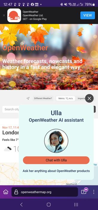 Capture d'écran du site OpenWeatherMap mettant en avant l'assistante répondant au nom de 'Ulla'