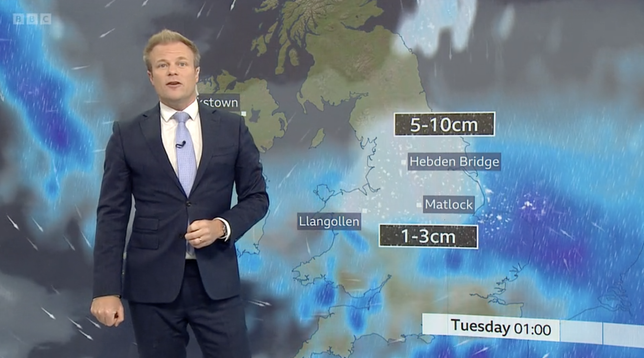 BBC weather forecaster forecasting 5-10cm of snow for Hebden Bridge.