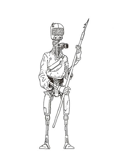 Humanoid android holding a fishing harpoon