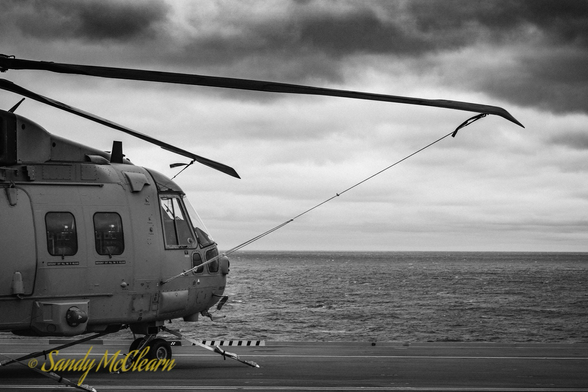 Helicopter nose on an aircraft carrier.