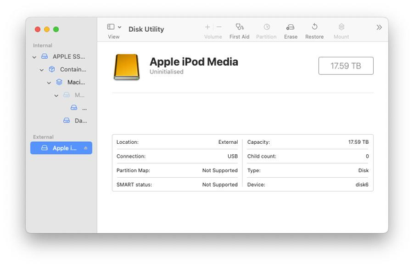 iPod Media info window showing 17.59TB of storage