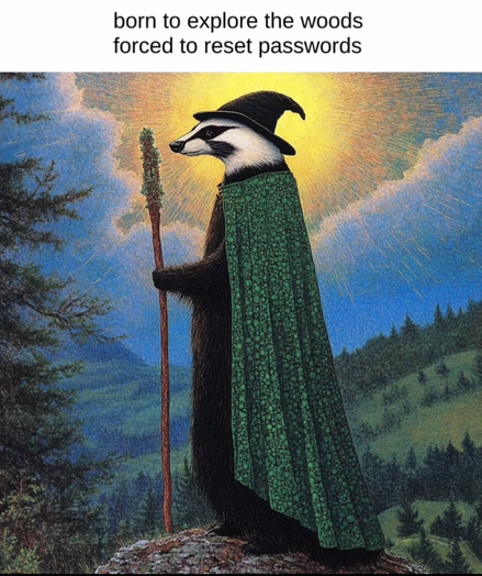 The text reads, "born to explore the woods, forced to reset passwords"

Below is a picture of a badger standing on its hind legs wearing a hat and cape and holding a staff