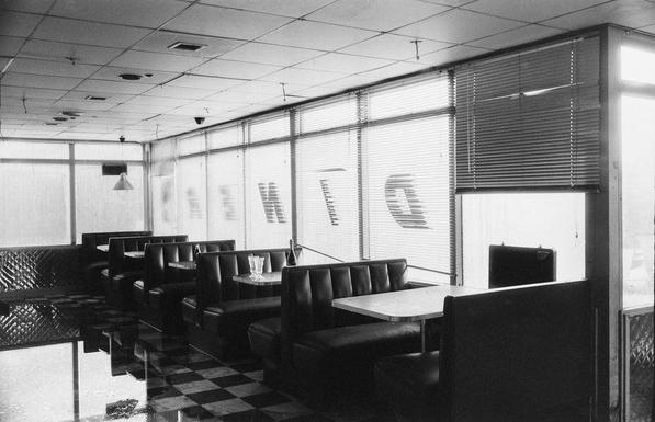 black and white photo of an abandoned diner