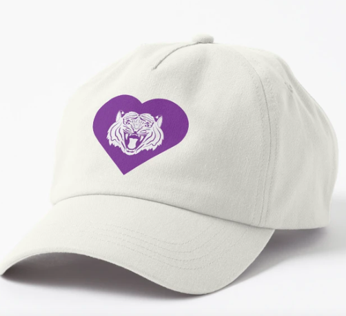Our tiger mascot is inside a purple heart, as shown on a baseball cap.