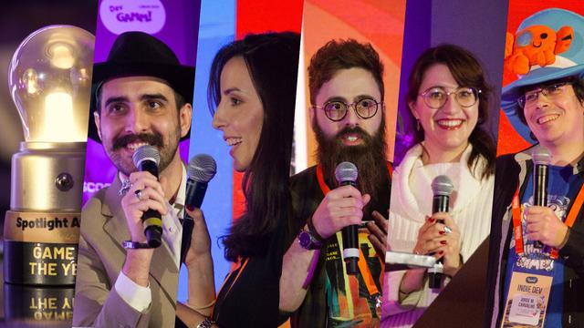 A collage of six photos from the Spotlight Awards.
From left to right:
1: The trophy for Game of the Year
2: Commander Bonny, the host of the event
3: Carolina Rocha, presenting the award for Studio of the Year
4: Filipe Rodrigues, accepting the award for Game of the Year
5: Soficious, presenting the award for the Reveal of the Year
6: Jorge Miguel Carvalho, accepting the award for Studio of the Year