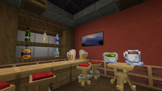 A minecraft screenshot. It's a small room looking like a pub, with custom stool & table models. There are beers on the counter, and various bottles on display behind the bar.