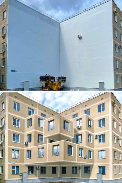 Optical illusion mural by artist Shozy transforming a blank building wall into a realistic, three-dimensional facade with extended balconies and windows. The artwork creates a striking perspective effect, making the wall appear as part of a complex, layered structure. In the first image, the plain wall is shown before the mural, while the completed work in the second image demonstrates Shozy’s skill in depth and dimension, seamlessly blending with the surrounding architecture to deceive the viewer’s eye.