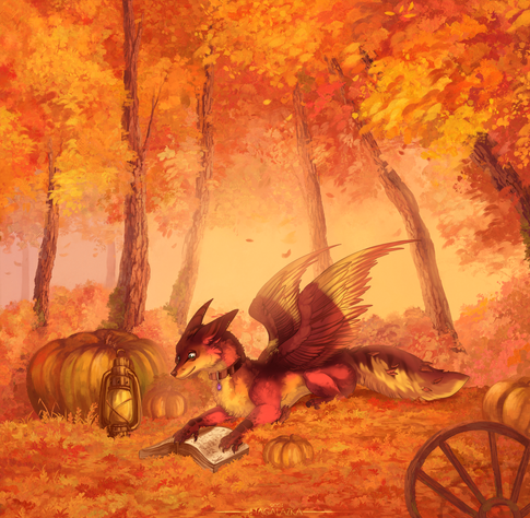 Quadruped Amara is laying in front of a copse of trees. the trees have turned their colors for autumn. She is reading a book adjacent to a hurricane lantern and large pumpkins