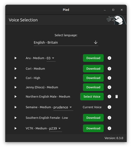 A screenshot of pied, showing a list of voices that can be downloaded and used for speech synthesis.