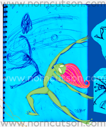 Work in progress.
Illustrator layer over blue pencil sketch layer, on blue background.

Drawing the dancing underwater figure...

My signature in lower right.

TEXT: www.NornCutson.com