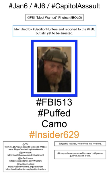 Photo of January 6th riot suspect known to Sedition Hunters as “Puffed Camo” (FBI Photo Number Five Hundred Thirteen). Subject to updates, corrections, and revisions. All suspects are presumed innocent until proven guilty in a court of law.