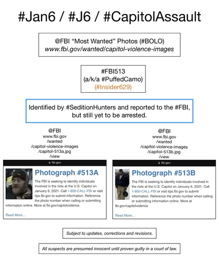 FBI wanted photos of January 6th riot suspect known to Sedition Hunters as “Puffed Camo” (FBI Photo Number Five Hundred Thirteen). Subject to updates, corrections, and revisions. All suspects are presumed innocent until proven guilty in a court of law.
