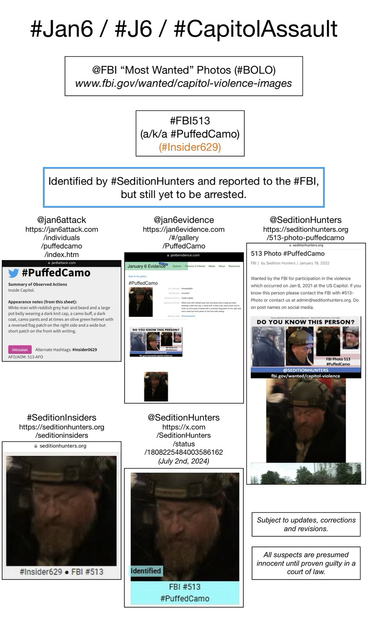 Photos of January 6th riot suspect known to Sedition Hunters as “Puffed Camo” (FBI Photo Number Five Hundred Thirteen). Subject to updates, corrections, and revisions. All suspects are presumed innocent until proven guilty in a court of law.