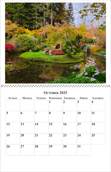 This image shows a sample of a full-page calendar occupying an 11"x17" space. There's an 8x10 image of a Japanese garden at the top of the page, and a monthly calendar (October in this sample) in the bottom half.