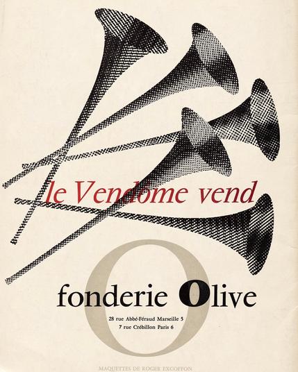 Cover of a booklet featuring 5 halftone horned scattered over the words “le Vendome vend”. “fonderie Olive” is at the bottom on top of a big “O”.