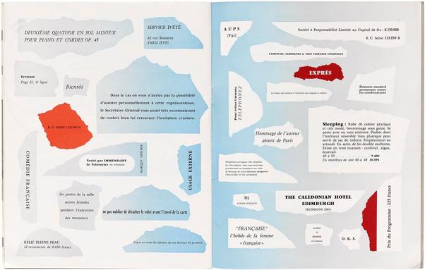 Booklet spread featuring small pieces of torn paper, each showing bits of text in various formats and weights. The colors are a blue gradient and deep red.