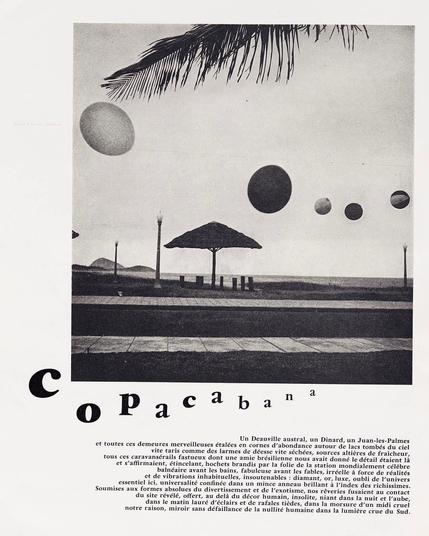 Mock ad from the booklet featuring a large black-and-white photo of a beach with boardwalk, large umbrella, and hanging lanterns. Below the photo is a headline in bouncing letters spelling “copacabana” that get progressively smaller echoing the lanterns on the photo.