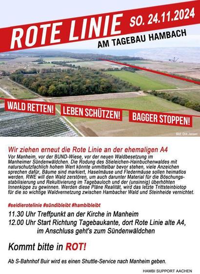 Sharepic zur Aktion "Rote Linie" am Tagebau Hambach am 24.11.2024 unte dem Motto "Wald retten! Leben schützen! Bagger stoppen!" (Hambi Support Aachen)