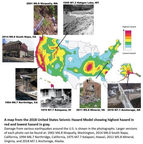 A map from the 2018 United States Seismic Hazard Model showing highest hazard in red and lowest hazard in gray. Damage from various earthquakes around the U.S. is shown in the photographs. Larger versions of each photo can be found at: 2001 M6.8 Nisqually, Washington, 2014 M6.0 South Napa, California, 1994 M6.7 Northridge, California, 1975 M7.7 Kalapani, Hawaii, 2011 M5.8 Mineral, Virginia, and 2018 M7.1 Anchorage, Alaska.