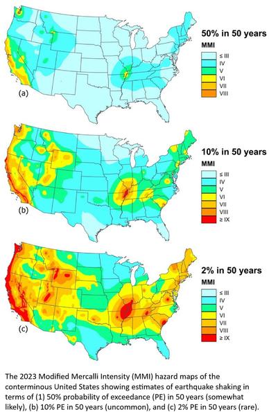 maps - The 2023 Modified Mercalli Intensity (MMI) hazard maps of the conterminous United States showing estimates of earthquake shaking in terms of (1) 50% probability of exceedance (PE) in 50 years (somewhat likely), (b) 10% PE in 50 years (uncommon), and (c) 2% PE in 50 years (rare).