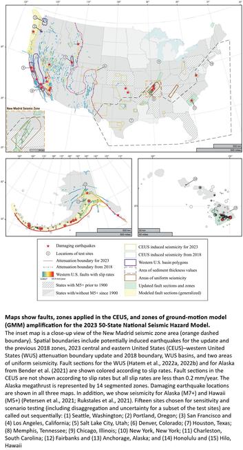 maps - Maps show faults, zones applied in the CEUS, and zones of ground-motion model (GMM) amplification for the 2023 50-State National Seismic Hazard Model. The inset map is a close-up view of the New Madrid seismic zone area (orange dashed boundary). Spatial boundaries include potentially induced earthquakes for the update and the previous 2018 zones, 2023 central and eastern United States (CEUS)–western United States (WUS) attenuation boundary update and 2018 boundary, WUS basins, and two areas of uniform seismicity. Fault sections for the WUS (Hatem et al., 2022a, 2022b) and for Alaska from Bender et al. (2021) are shown colored according to slip rates. Fault sections in the CEUS are not shown according to slip rates but all slip rates are less than 0.2 mm/year. The Alaska megathrust is represented by 14 segmented zones. Damaging earthquake locations are shown in all three maps. In addition, we show seismicity for Alaska (M7+) and Hawaii (M5+) (Petersen et al., 2021; Rukstales et al., 2021)....