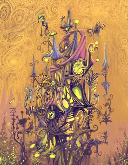 implausible fortress or palace type structure with pointy and lizardly sorts of creatures lurking about, in front of an orange swirly sky, with a vague pointy city type zone nearby