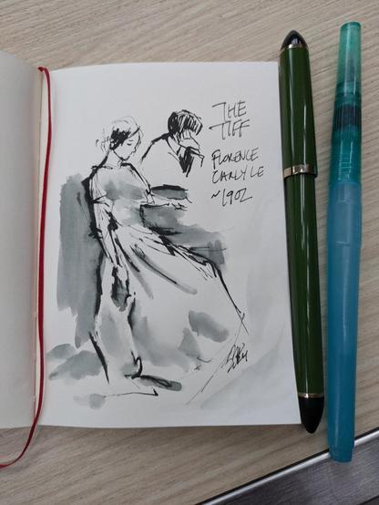 Same sketchbook open to a page with the drawing of a sculpture of a woman wearing a long dress sitting and looking down, an arm dangling at her side, the other resting on the table. Behind her a man is looking away, his head leaning on a hand that is braced against the table. Handwritten text reads: "The Tiff - Florence Carlyle ~1902".