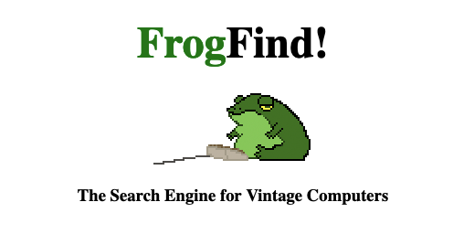 Frogfind logo, a frog using a keyboard. "The Search Engine for Vintage Computers"