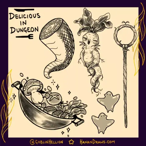 A set of tattoo flash designs, based on Delicious in Dungeon. There is a chopped off dragon tail, a mandrake, Marcille's staff, a couple of Marcille's familiars, and a hot pot in Senshi's cast iron pot with various monster ingredients.