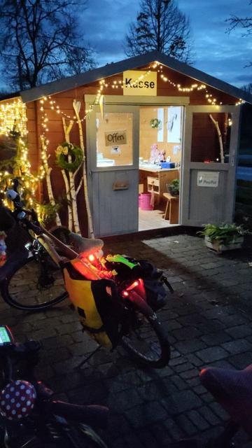 Holzhütte mit Lichterketten, Birken- und Koniferenzweigen geschmückt . Im Hintergrund kahle Bäume und im Vordergrund ein Fahrrad mit gelben Packtaschen