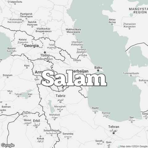 Map of Azerbaijan overlaid with a translation of the word "hello": Salam.