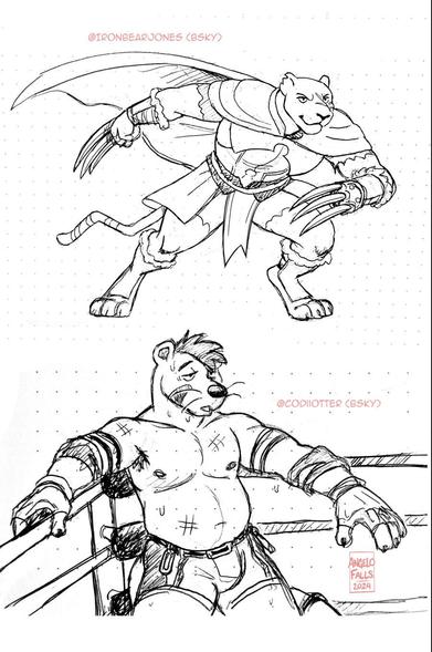 For @IronbearJones.bsky.social - A drawing of an anthro panther wearing medieval light armor, a cape and some big long claw gauntlets in a crouched down action pose.

For @CodiiOtter.bsky.social - A drawing of an anthro male otter in wrestling gear. All busted up and weary, leaning on the corner turnbuckle of the ring, trying to catch his breath.

Signed, AngeloFalls