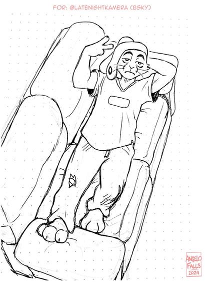 For @LateNightKamera.bsky.social - A drawing of an anthro rabbit wearing a baggy shirt and jeans, lying down on the couch all bored, throwing up the peace sign with his hand while his other arm is behind his head.

Signed, AngeloFalls