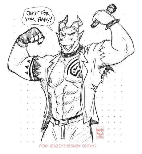 For @AzzyTheSnek.bsky.social - A drawing of an anthro horned Viper Snake flexing both of his biceps with a ripped shirt and holding a microphone saying "Just for you, baby!"

Signed, AngeloFalls