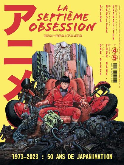 Couverture du magazine, fond jaune et une illustration extraire d’Akira. Le personnage est assis sur un trône futiriste.