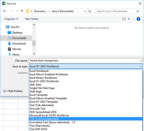 Example of the Save As menu in Excel