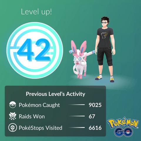 Level up screen from Pokémon GO with my character and Sylveon as buddy.
The following stats are displayed illustrating the activity to progress from level 41 to 42:
Pokémon Caught: 19025
Raids won: 67
PokéStops Visited: 6616